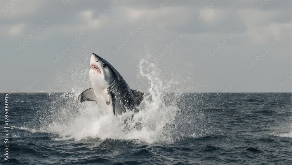 Fototapeta premium Great white shark breaching out of the ocean water, creating a dramatic splash.