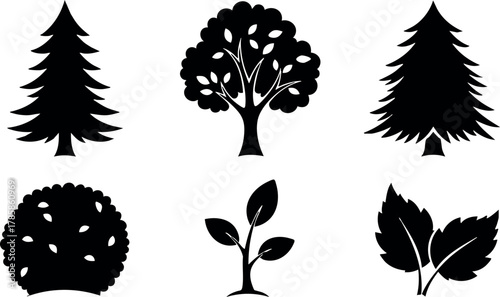 Tree silhouettes vector black pine oak bush leaf plant nature icons illustration 