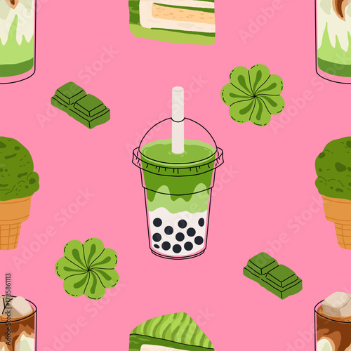 Matcha sweets seamless patterns collection, kawaii matcha drinks, boba cups, matcha latte, macarons, mochi and green tea desserts. Flat vector seamless tiles for fabric, wallpaper, packaging