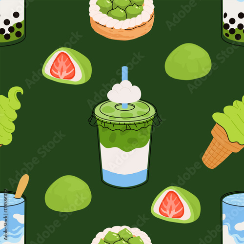 Matcha sweets seamless patterns collection, kawaii matcha drinks, boba cups, matcha latte, macarons, mochi and green tea desserts. Flat vector seamless tiles for fabric, wallpaper, packaging