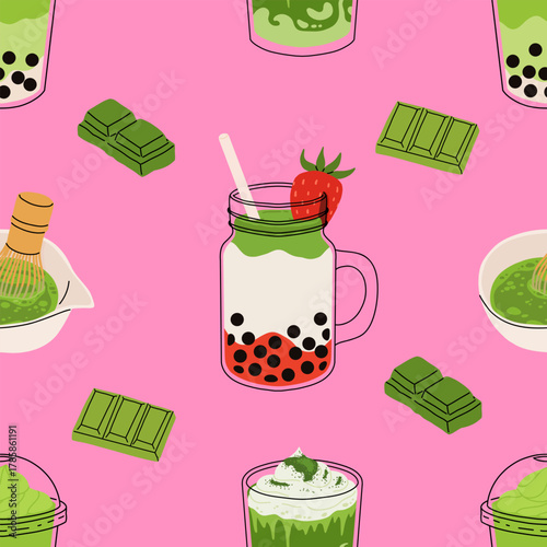 Matcha sweets seamless patterns collection, kawaii matcha drinks, boba cups, matcha latte, macarons, mochi and green tea desserts. Flat vector seamless tiles for fabric, wallpaper, packaging