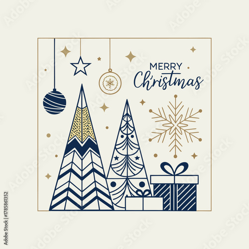 Modern luxury Christmas greeting card vector set in elegant blue and gold color palette, featuring geometric pine trees, shiny ornaments, gift boxes, golden stars, snowflakes, and minimal line art dec