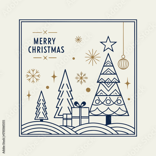 Modern luxury Christmas greeting card vector set in elegant blue and gold color palette, featuring geometric pine trees, shiny ornaments, gift boxes, golden stars, snowflakes, and minimal line art dec