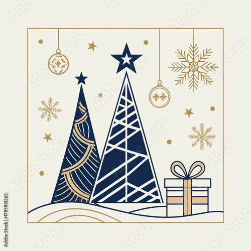 Modern luxury Christmas greeting card vector set in elegant blue and gold color palette, featuring geometric pine trees, shiny ornaments, gift boxes, golden stars, snowflakes, and minimal line art dec