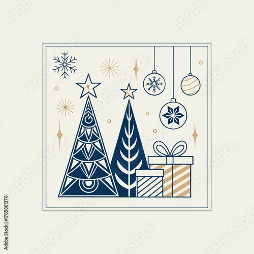 Modern luxury Christmas greeting card vector set in elegant blue and gold color palette, featuring geometric pine trees, shiny ornaments, gift boxes, golden stars, snowflakes, and minimal line art dec