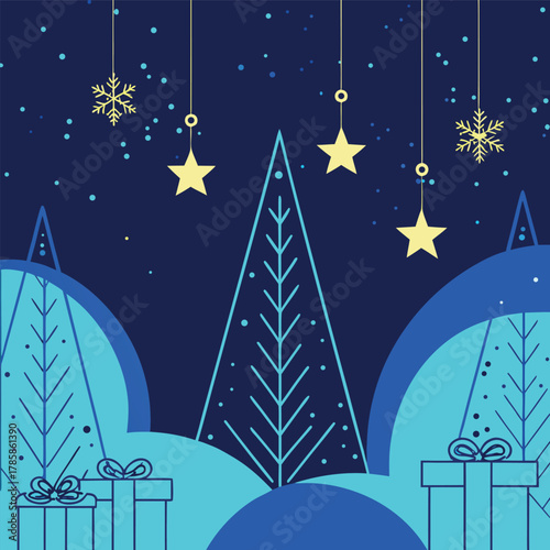 Modern luxury Christmas greeting card vector set in elegant blue and gold color palette, featuring geometric pine trees, shiny ornaments, gift boxes, golden stars, snowflakes, and minimal line art dec