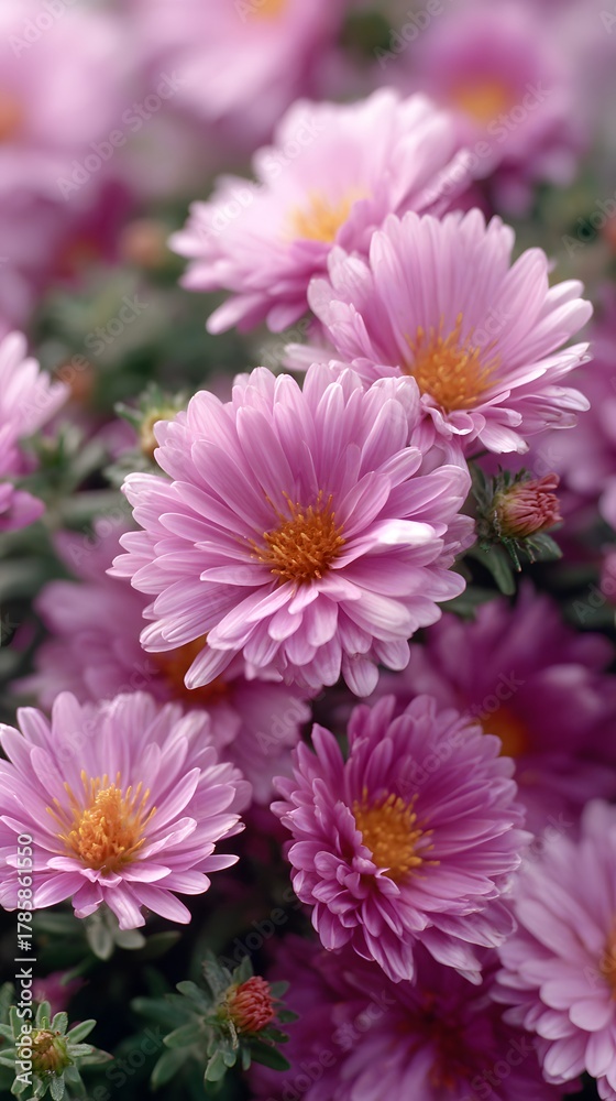 Obraz premium Beautiful pink aster flowers blooming in garden, close up macro photography of vibrant autumn chrysanthemums with soft natural light