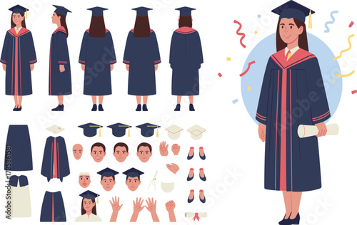 Graduation character creator set, female student in academic gown and cap, holding diploma, customizable face expressions, education celebration concept illustration