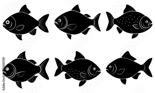 Six diverse fish in silhouette showcase freshwater life, angling, and aquarium themes. Ideal for branding seafood products, fishing guides, and aquatic education.
