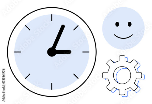 Clock showing time, smiling face, gear symbolizing efficiency, happiness, and productivity. Ideal for time organization, workflow, teamwork, personal growth goal setting innovation simple flat