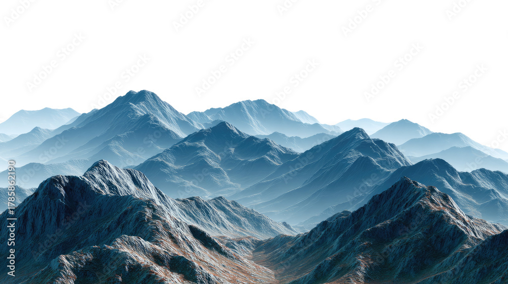 Obraz premium Majestic Mountain Vista: A sweeping panorama of towering, rugged mountain peaks fading into the hazy distance under a bright sky, evoking a sense of vastness and adventure.