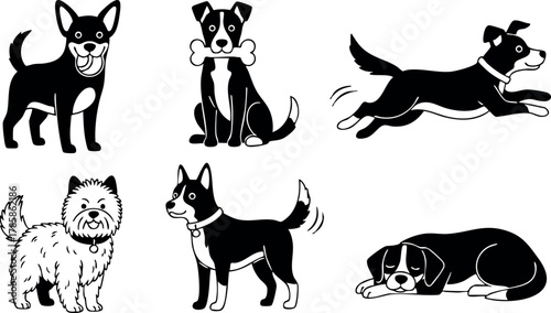 Playful black and white dog illustrations in various poses and expressions vector collection 