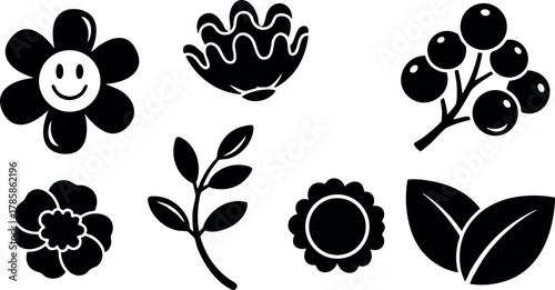 Black silhouette flower and leaf vector icons with berries and smiles for design elements 