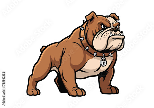 A cartoon illustration of a muscular brown bulldog with a stern expression, wearing a spiked collar with a padlock.