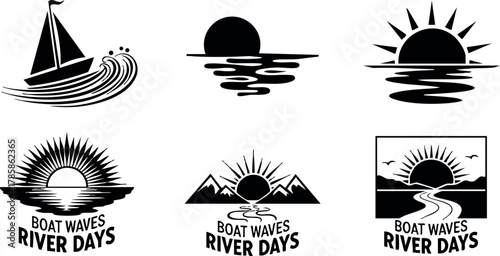 Boat waves river days sailboat sunset mountain landscape black vector illustration 