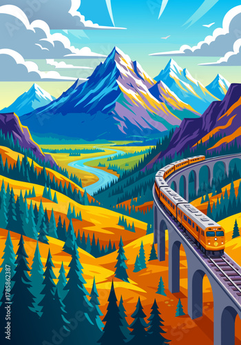 Scenic Train Journey Through Mountain Landscape Illustration With River and Forest