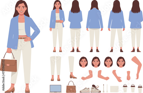 Modern business woman character creator, office worker animation kit with laptop, handbag, shoes, casual outfit, facial expressions, vector poses