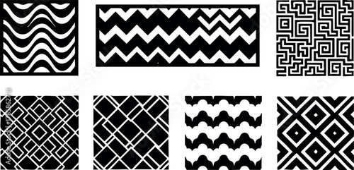Black and white geometric pattern vector seamless design set in square and rectangular shapes 
