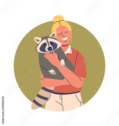 Woman and raccoon pet portrait