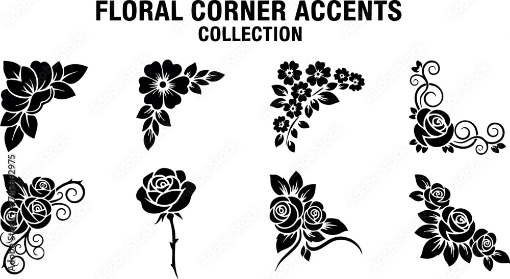 Naklejka premium Floral corner accents collection with various decorative flower silhouettes for design embellishments 