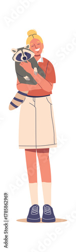 Woman carrying raccoon lovely pet