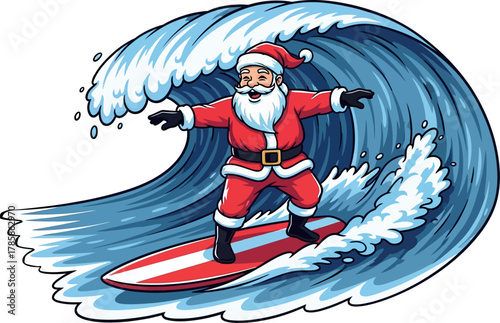 Illustration of Santa Claus windsurfing among the waves, isolated on white background