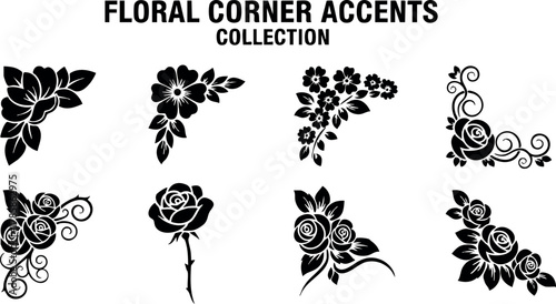 Floral corner accents collection with various decorative flower silhouettes for design embellishments 