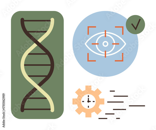 DNA helix, biometric eye scan with checkmark, and gear with clock highlights concepts of genetics, identification, and efficiency. Ideal for science, technology, biology, research security