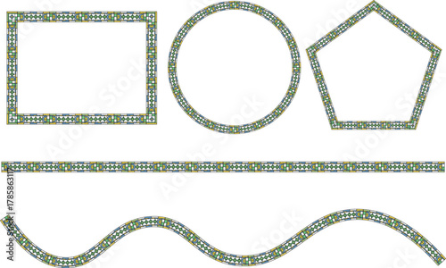 A versatile set of geometric stained glass patterns, frames, and borders for decorative and artistic design applications.