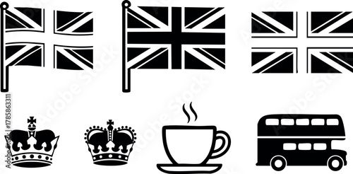British flag crown cup and double decker bus vector icons set black and white 
