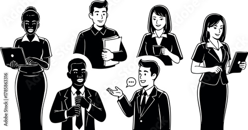 Diverse business people using digital devices and communicating in office vector illustration 
