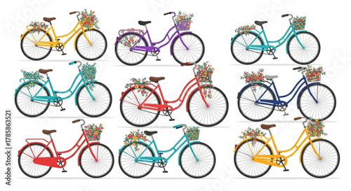 Collection of colorful bicycles with flower baskets isolated on