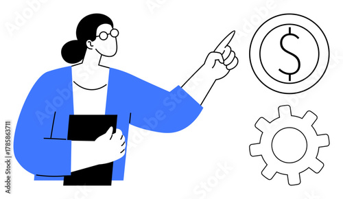 Woman holding document, pointing at dollar and cogwheel. Ideal for finance, business, productivity, planning, education, innovation guidance. Clean simple flat metaphor