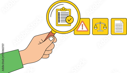 A conceptual graphic illustrating legal review and regulatory compliance, featuring a magnifying glass examining documents.