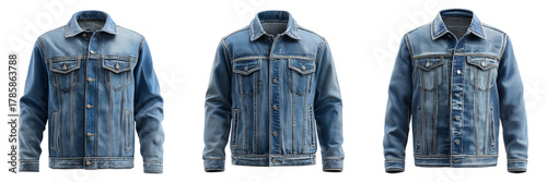 Set of Casual blue denim jacket front view on transparent png background. Ai generated