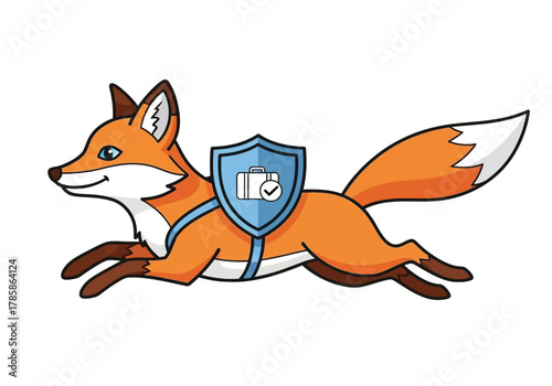 A cartoon fox with a shield on its back, running with a camera icon on the shield.