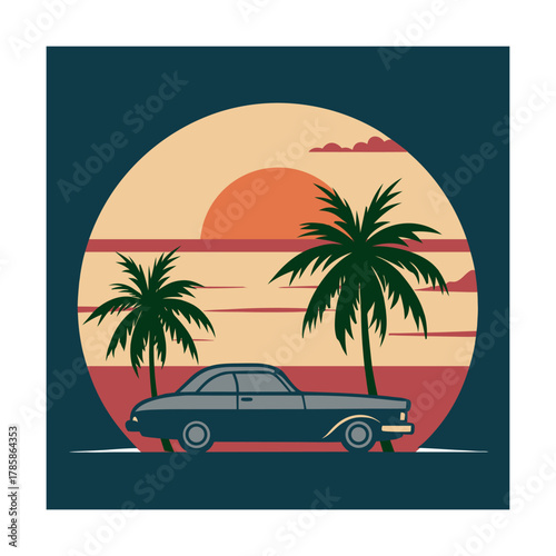 Old Car Under Tropical Sunset Silhouette