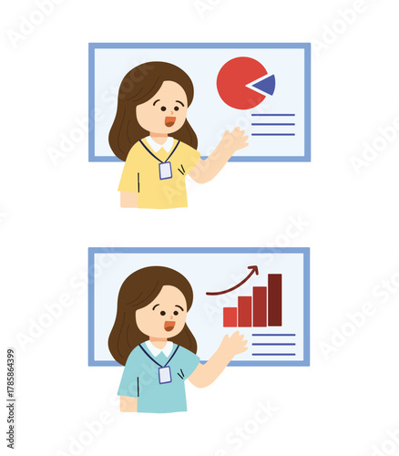 Woman doing presentations at work with graphic and pie charts. Working element collection
