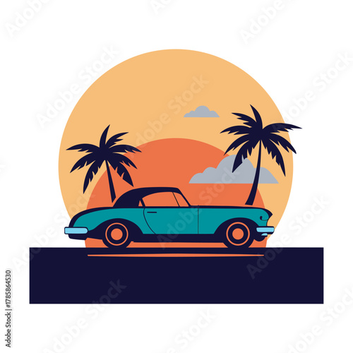 Sunset Voyage With Classic Car Silhouette