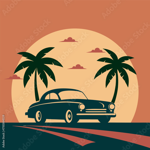 Retro Palm Boulevard Beach Scene Silhouette