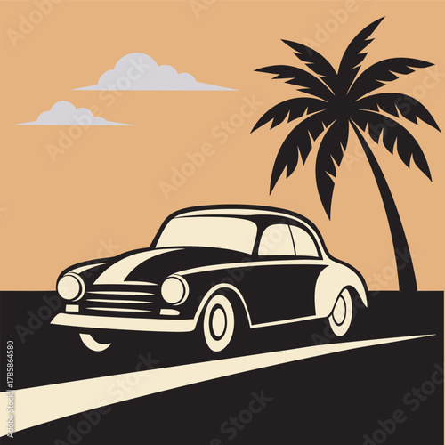 Vintage Car Parked By Beach Road Silhouette