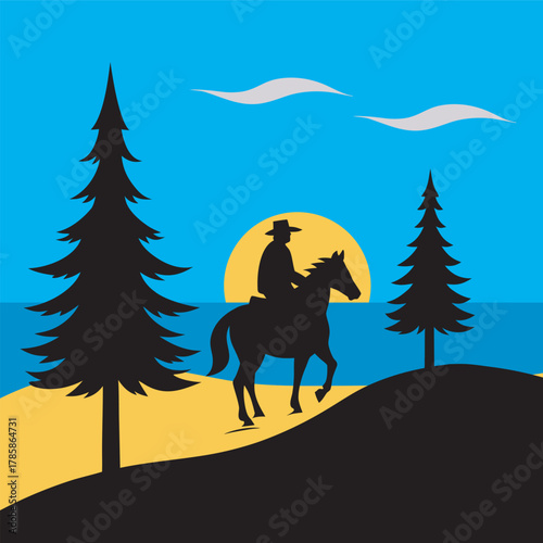 Seaside Wanderer With Horse And Pines Silhouette