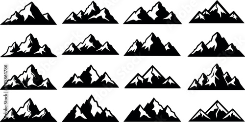 Mountain silhouettes collection with various peaks shapes in black vector illustration set 