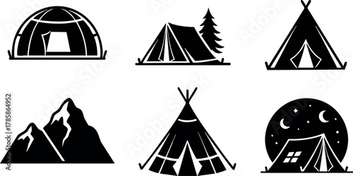 Camping tents and mountain vector illustration with night and tree elements 