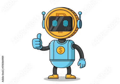 A cartoon robot with a coin for a head gives a thumbs up, symbolizing financial technology and automation.