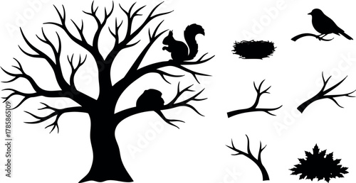 Bare tree silhouette with squirrels birds and leaf pile vector illustration in black 