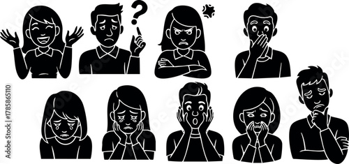 Diverse people expressing confusion surprise and curiosity in black silhouette vector illustration 