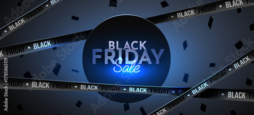 Striking Black Friday Sale banner with neon glowing text and promotional tapes.