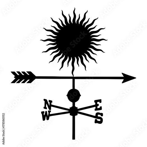 Weather vane design with sun and directional arrow symbol, transparent background, isolated, vector  