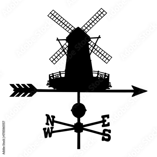 Windmill weather vane silhouette with directional compass points, transparent background, isolated, vector  